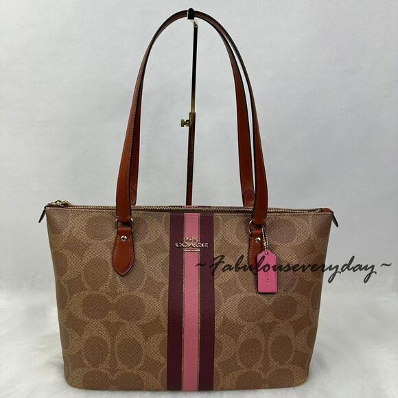 Coach Gallery Tote Bag In Signature Canvas W/ Stripe Print CBM18 Gold/Tan Multi - Picture 1 of 13